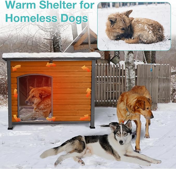 Feral Dog House Outdoor,Anti Bite Iron Frame Dog Kennel,Wood Warm Pets Home,Insulated Weatherproof Outside Shelter for Feral Animal (43.3" (L) x 29.4" (W) x 33.4" (H)-Brown-in)