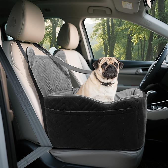 Dog Car Seat Booster with Waterproof Cover, Memory Foam, Small/Medium Dog Bed for Car Back Seat for Travel, Black/Grey, 2 Safety Belt