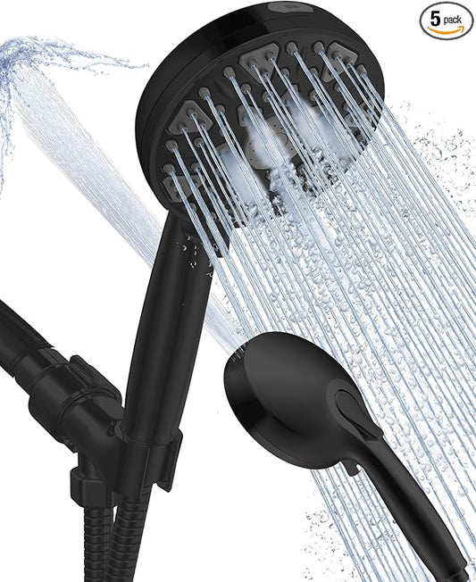 High Pressure Shower head with Handheld 7 Modes, Built-in Power Wash to Clear Tub. Tile & Pets, 5” High Flow Hand Held Hydro Rain Showerhead with Stainless Steel Hose and Adjustable Bracket-Matt Black
