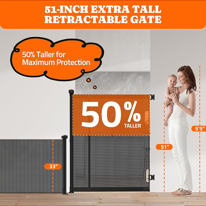 Extra Tall Retractable Baby Gates: 51" Tall Pet Gate, Extend up to 200" Wide, Mesh Baby Gate with Support Rods Jump-Proof Design for Cats & Large Dogs High Dog Cat Door Indoor Outdoor, Black