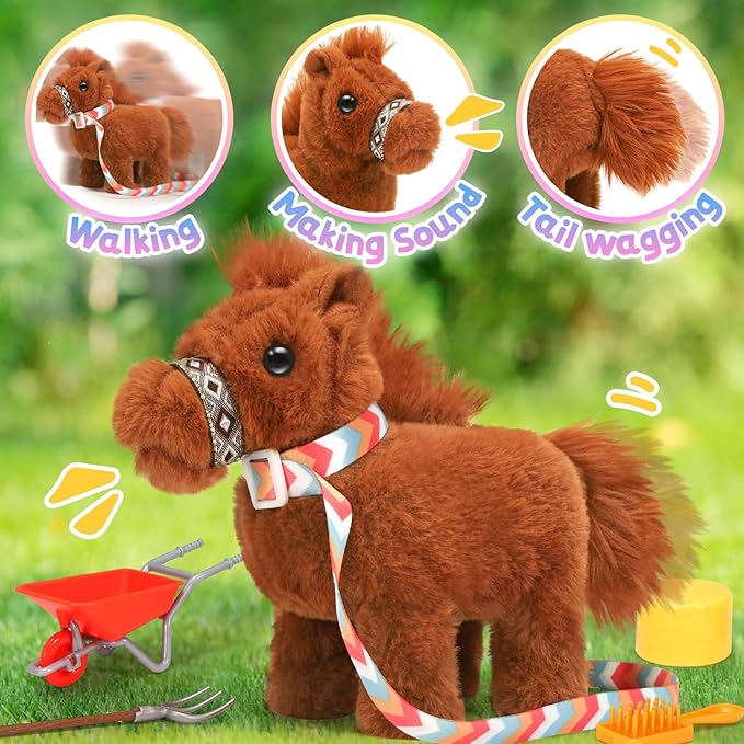 Tagitary Plush Horse Toys for Kids,Electronic Interactive Plush Toys with Leash That Making Sounds,Walking,and Wagging Tail,Stuffed Horse Realistic Pet for Boys Girls