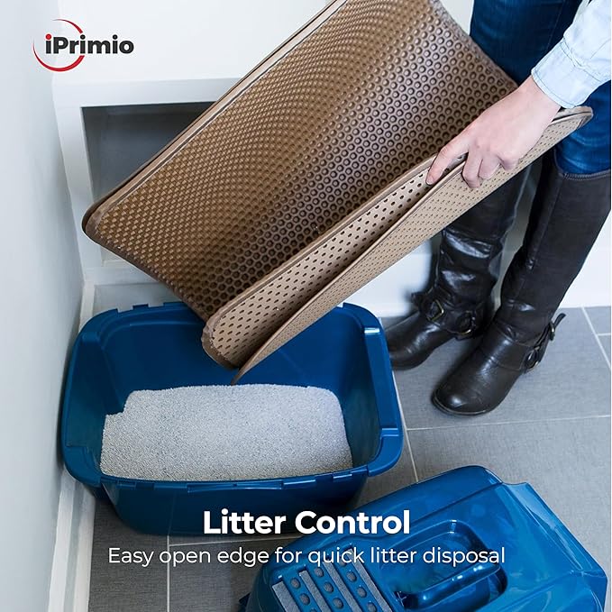 Small Cat Litter Trapper by iPrimio - Litter Mat, EZ Clean Cat Mat, Litter Box Mat Water Proof Layer and Puppy Pad Option. Patented (23"x21" Brown)