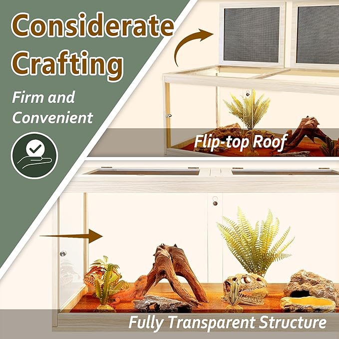 PROLEE Tempered Glass Bearded Dragon Tank,32 Gallon Reptile Tank with Meatl Mesh Roof and Front Sliding Door, Anti-Scratch Lizard Tank,Spacious Reptile Enclosure for Snakes,Lguanas, Chameleons (Oak)
