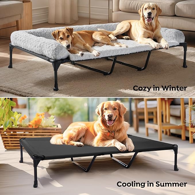Veehoo Cooling Elevated Dog Bed Add Removable Deluxe Rose Plush Bolster Cushion Mat, 59" x 37" Washable Dog Couch Bed, Raised Pet Cot with Breathable Teslin Mesh, No-Slip Feet, Grey, CWC2439B