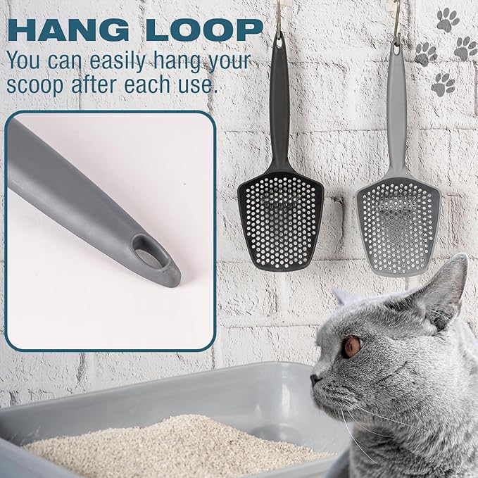 Set of 3 Cat Litter Scoop with Small Holes, Deep Sifting Shovel for Fine Litter, Reptile Terrarium Sand & Rabbit Pooper Lifter, Hanging Handle Poop Scooper (Gray, Set of 3)