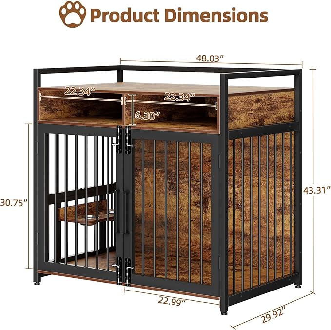 Large Dog Crate Furniture, 48 Inch Wooden Dog Crate, Heavy Duty Dogs Kennel with 2 Drawers Storage, 360° Adjustable Raised Feeder, Indoor Dogs House End Table