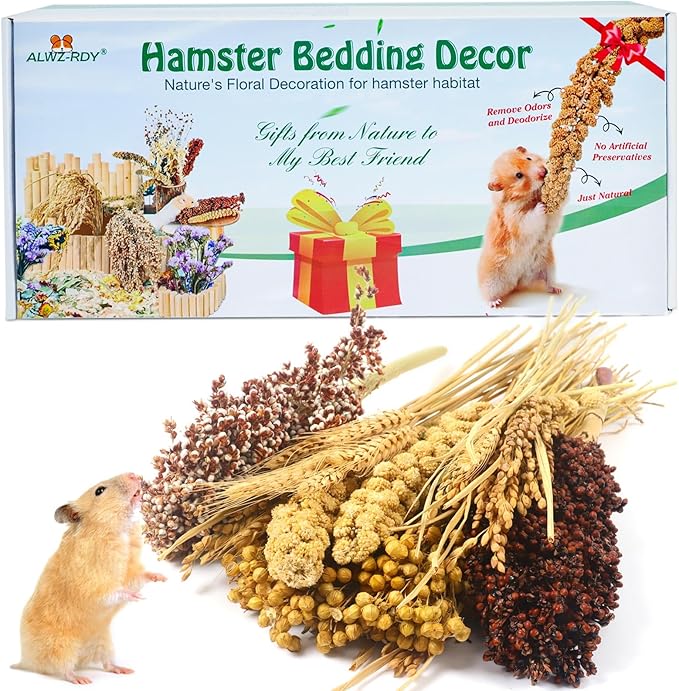 Natural Hamster Bedding, Hamster Herbs Flowers for Hamster Cage Enclosure Habitat Decor Hamster Sprays for Dwarf Syrian Guinea Hamsters Gerbil Degus or Other Small Animals（Grain Version）