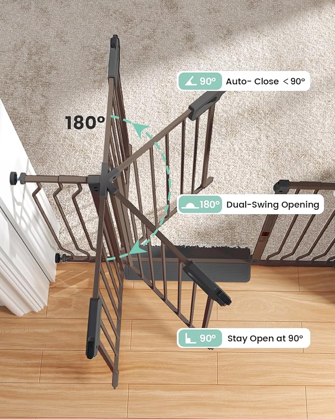 Mom's Choice-GROWNSY Baby Gate for Stairs, 29.5"-48.4" Pressure Mounted Baby Gate for Top of Stair&Doorway with V-Shaped Rods, Anti-Trip Pedal,Wide Stairs Dog Gate Easy Install w/Red Reminder,Brown