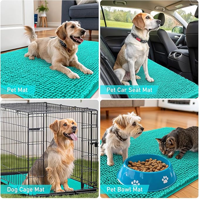 OLANLY Dog Door Mat for Muddy Paws 40x32, Absorbs Moisture and Dirt, Absorbent Non-Slip Washable Doormat, Quick Dry Chenille Mud Mat for Dogs, Entry Indoor Entryway Carpet for Inside Floor, Teal
