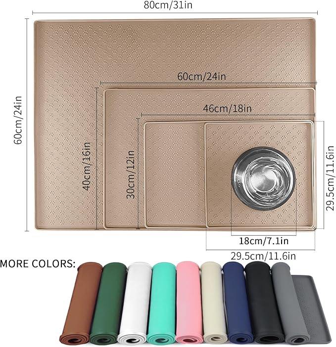 Ptlom Dog Food Mat Anti-Slip Bowl Mats for Food and Water, Waterproof Silicone Pet Placemat with High Raised Edges, Non-Slip Puppy Feeding Tray for Small, Medium Large Cats Dogs, Taupe, 11.8"x11.8"