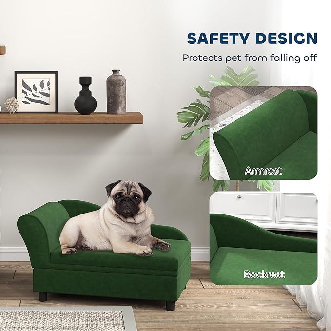 PawHut Luxury Fancy Dog Couch with Hidden Storage, Small Dog Sofa Bed with 2" Soft Foam, Modern Pet Furniture for Puppies & Little Breeds, Green