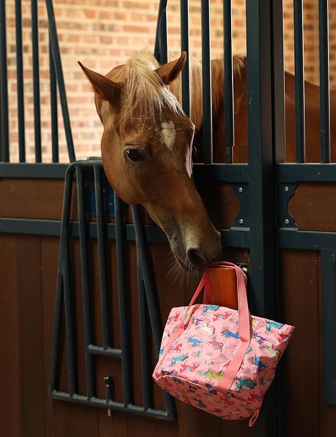 Harrison Howard Horse Grooming Kit 11-Piece Equine Care Series Horse Brush Sets with Organizer Tote Bag Tack Room Supplies Shedding Grooming Massaging Tools Pink Brushstroke Ponies