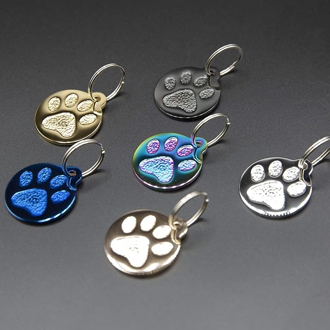 Engraved Pet Tag for Dogs and Cats - Personalized Front & Back up to 4 Lines of Text Custom Engraved ID, Round Paw Print Solid Plating Stainless Steel Nebula Regular