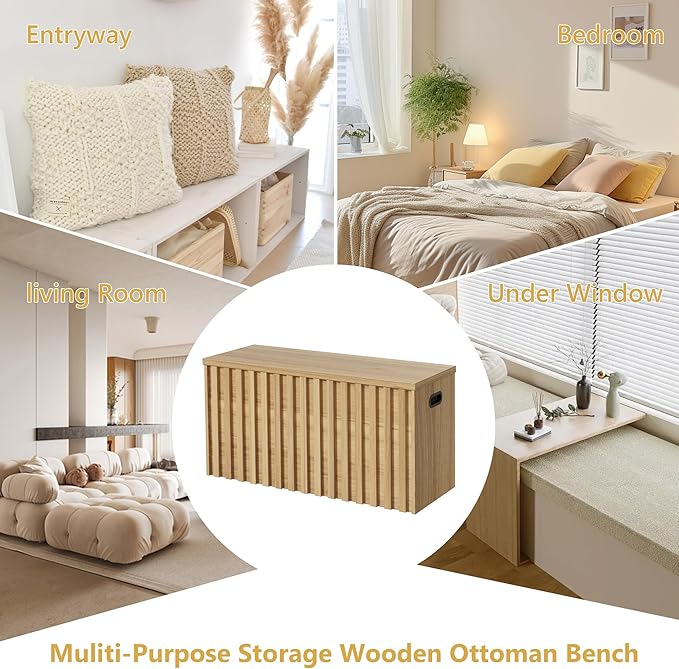 UEV Storage Bench Set of 2, 39.4" Wood Box, Storage Trunk with 2 Safety Hinges, Ottoman Storage Chest Set of 2, Fluted Storage Bench for Bedroom, Shoe Bench for Bedroom, Living Room (Natural Wood)