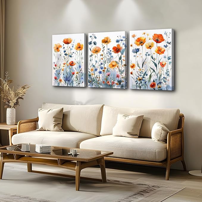 TTHYUEWS Boho Wall Art for Living Room Canvas Wall Decor for Bedroom Modern Wall Decorations For Dining Room Family Wall Pictures Artwork Flowers Watercolour Paintings Posters Home Decor 3 Piece