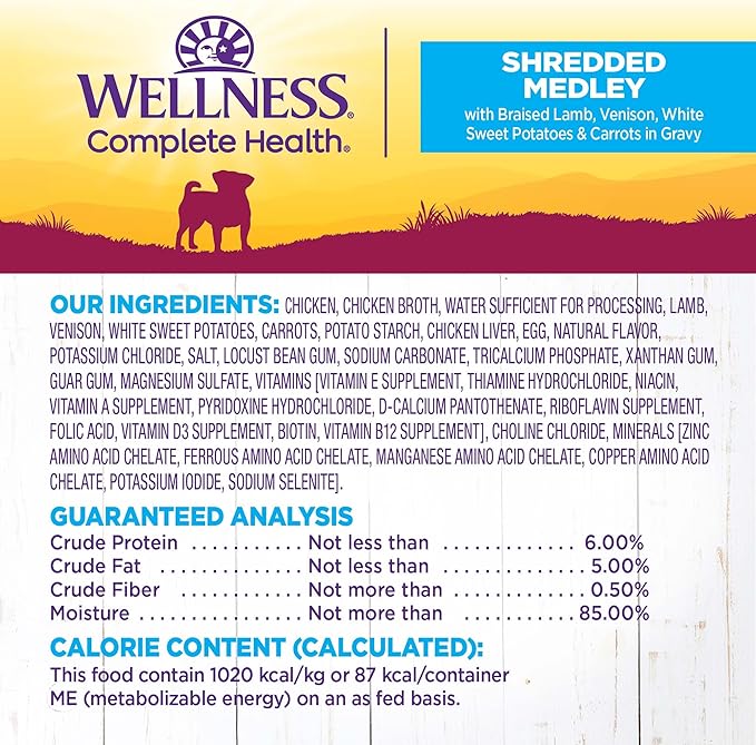 Wellness Petite Entrées Shredded Medley with Braised Lamb, Venison, White Sweet Potatoes & Carrots, 3-Ounce Cup (Pack of 12)
