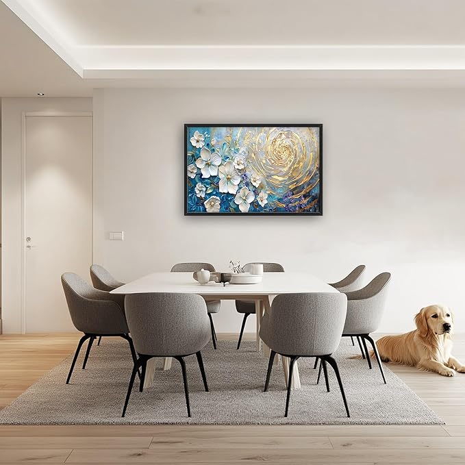 Flower Large Wall Art White Floral Pictures Abstract Golden Spiral Texture Wall Decor Canvas Print Painting Artwork for Bathroom Living Room Bedroom 36L" x 24W"