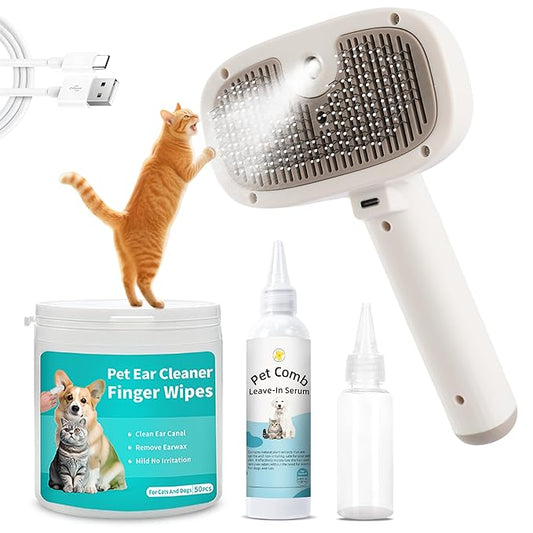 Cat Steam Brush, Dog Brush for Shedding, Pet Spray Hair Removal Comb, Pet Brush for Short & Long Hair, USB Rechargeable Grooming Supplies, Spritz Defur Comb with Finger Wipe for Teeth (White)
