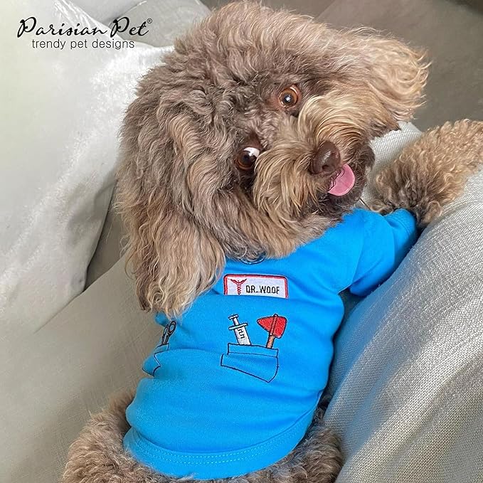 Parisian Pet Doctor Woof Shirt - Embroidered Pirate Costume - Cotton & Polyester Outfit - Sleeved Clothes - Blue Funny Shirts for Large Dogs - Pet Costumes - 3XL