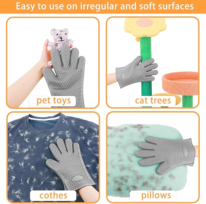 Pet Hair Remover Gloves - Sticker Gloves Clean Pet Hair on Furniture with Ease, Suitable for Soft and Irregular Surfaces. Such as Sofas, Pillows, Mattresses, Cat Trees. (Silicone, Grey(2 PCS)