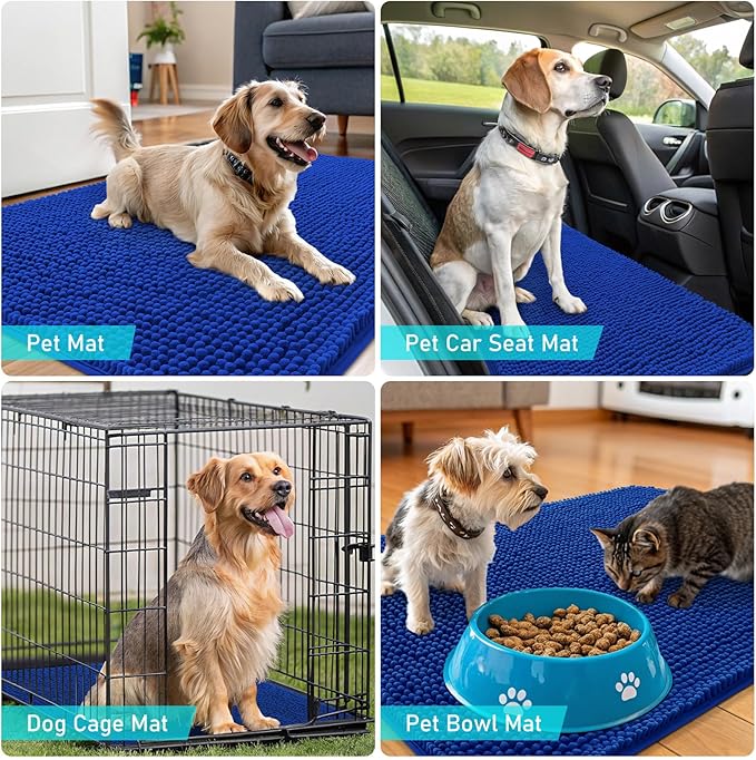 OLANLY Dog Door Mat for Muddy Paws 40x24, Absorbs Moisture and Dirt, Absorbent Non-Slip Washable Doormat, Quick Dry Chenille Mud Mat for Dogs, Entry Indoor Entryway Carpet for Inside Floor, Royal Blue