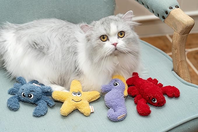 4 Pack Interactive Catnip Cat Plush Toy, Ocean Theme Set, 5'', for All Breed Size Cats (4 in 1)