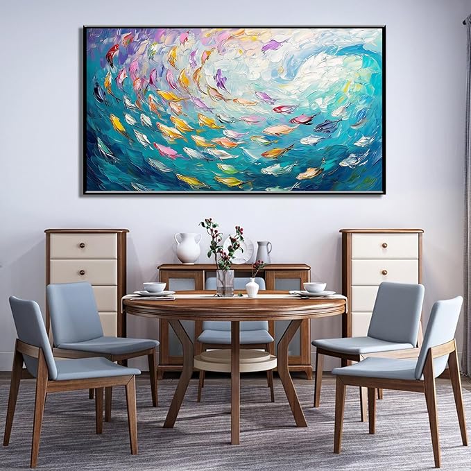 Fish Canvas Wall Art, Abstract School of Fish Canvas Wall Art, School of Fish Painting Canvas, School of Fish Wall Art, Fish Wall Decor, Fish Pictures Wall Decor, Bedroom Canvas Wall Decor (Gold Framed, 36"x20" | 92x52cm)