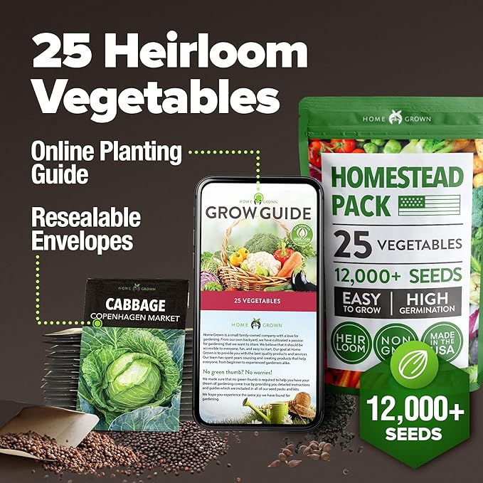 HOME GROWN 𝗨𝗦𝗔 𝗣𝗥𝗘𝗠𝗜𝗨𝗠 25 Heirloom Vegetable Seeds 12,000+ 𝗡𝗢𝗡-𝗚𝗠𝗢 Survival Garden Seeds Kit, High Germination Tomatoes Carrots Beans Kale Peppers, Giftable Indoor Outdoor Planting Set