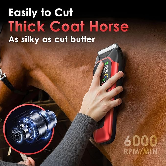 Horse Clippers,Quiet 2-Speed Horse Grooming Clippers,Rechargeable Pet Shaver with Scissors for Matted Long Hair,Cordless Wide-Blade Powerful Horse Trimmer Kit for Thick Coat #066 Red