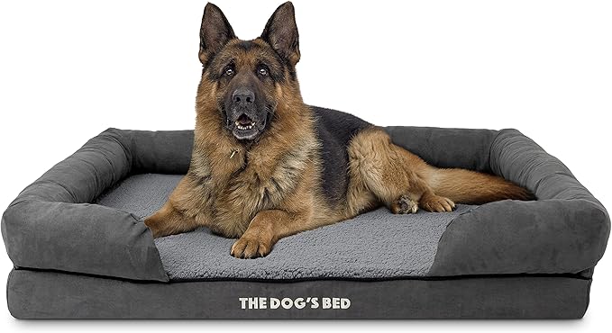 The Dog’s Bed, XL Grey Plush 43.5x34,Solid Memory Foam, Pain Relief: Arthritis, Hip & Elbow Dysplasia, Post Surgery, Lameness, Supportive, Calming, Waterproof Washable Cover, Veterinary Approved