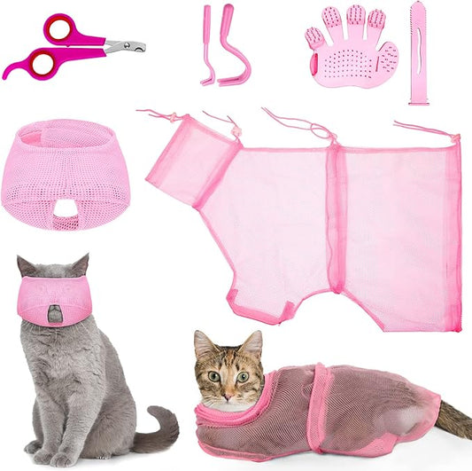 Patelai 5 Pcs Cat Bathing Bag Set Cat Grooming Bag Adjustable Pet Shower Net Muzzles Nail Clipper Tick Remover Tool Massage Brush(Pink)