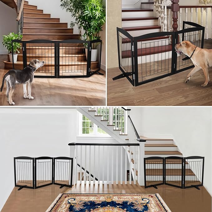 ZJSF Freestanding Dog Fence Indoor, Foldable Dog Gate for Doorways, Stairs or Hallways, Sturdy Wood Extra Wide Pet Gate with Support Feet for The House, Black, 24 "Height-4 Panels