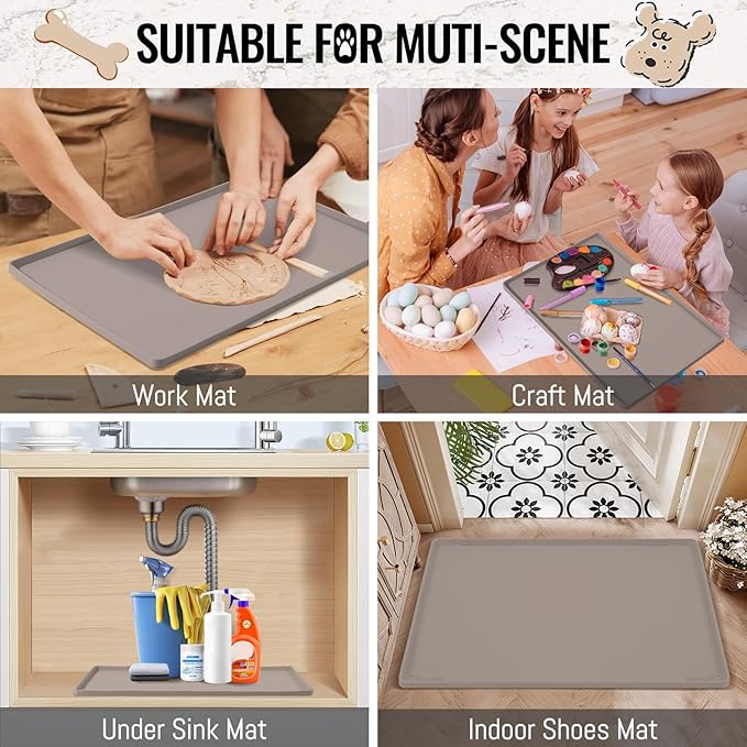 MateeyLife Dog & Cat Food Water Mat for Floors Waterproof, Nonslip Pets Bowl Feeding Mats with Raised Edges, Silicone Matt Tray for Messy Drinkers, 24"x16", Taupe