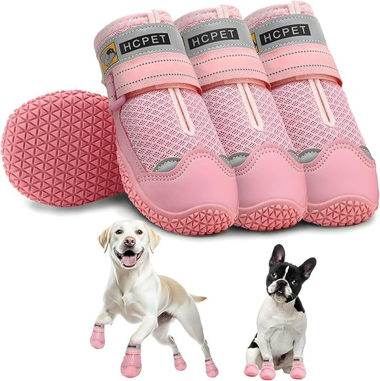 Hcpet Dog Shoes for Large Dogs, Breathable Dog Booties for Small Medium Dogs, Anti-Slip Dog Boots & Paw Protectors for Hot Pavement Winter Snow Hiking with Reflective Straps Pink Size 3