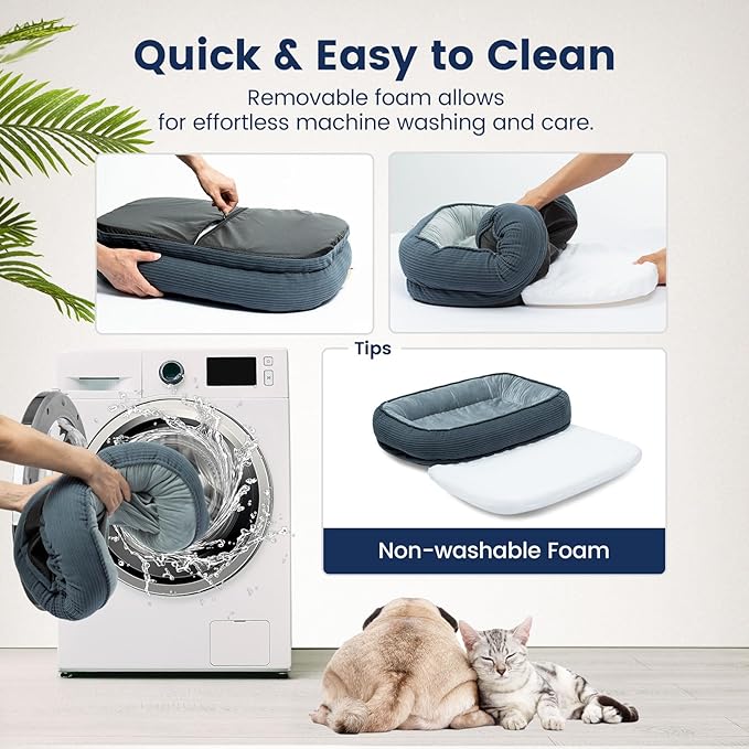 Orthopedic Cat Beds for Indoor Cats, Egg-Crate Memory Foam Pet Sofa with Bolster Sides, Oval Crate Bed, Washable Removable Cover & Non-Slip Bottom, Haze Blue