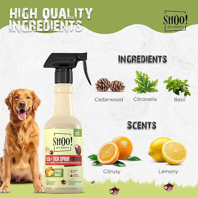 Shoo! Flea & Tick Spray for Dogs and Home | Plant Based, Natural Oils, Chemical Free Formula | Kills, Repels, Prevents | 16 oz (Citrus Burst)