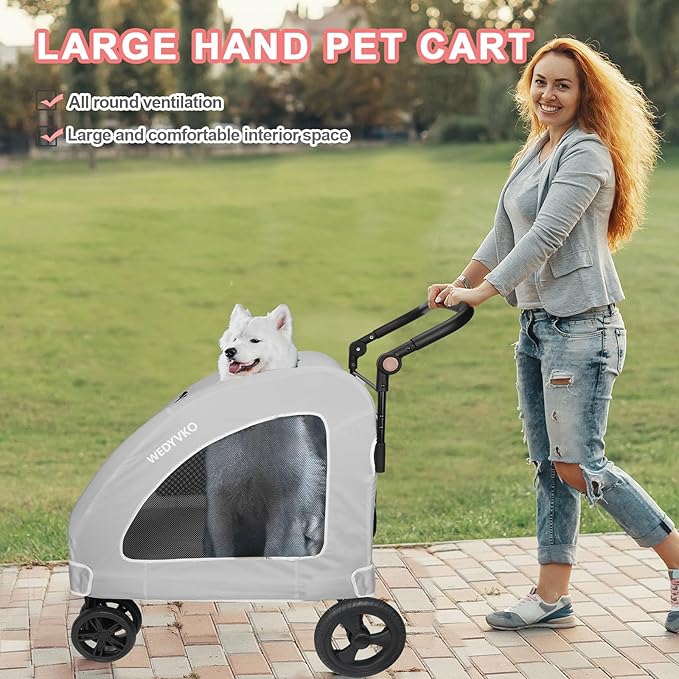 Large Dog Travel Stroller with 4 Heavy Duty Wheels Pet Stroller with Adjustable Handle - Double Doggie Capacity Jogger Wagon with Back Front Door for Small Medium Large Dogs (Grey)