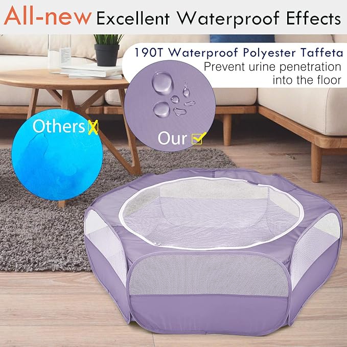 Pawaboo Small Animals Playpen, Waterproof Small Pet Cage Tent with Zippered Cover, Portable Outdoor Yard Fence with 3 Metal Rod for Chick/Kitten/Puppy/Guinea Pig/Rabbits/Hamster/Chinchillas, Purple