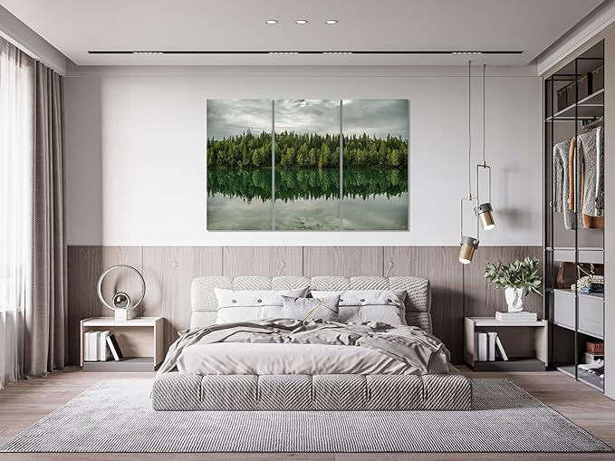 Nature Wall Art Prints - Ocean Forest Mountain Lake Canvas Landscapes - Small to Extra Large Living Room Bedroom Kitchen Bathroom Décor (Forest Reflection, 31L" x 47W" - 3 Panels)