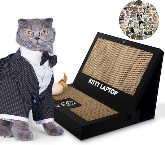 Toy Cat Laptop with 2 Scratchboards + Catnip Mouse Toy for Cats + 50pack Cat Sticker - Interactive Eco-Friendly Cat Computer with Scratch Pad Laptop for Cats - Mini Cat Laptop