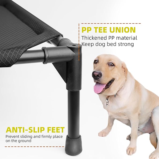 Soft Mesh Elevated Pet Bed for Large Medium Dogs Outdoor Resting Cot with Water-Resistant, Air-Permeable, Cooling and Anti-Skid Portable Dog Bed, Up to 60 lbs, 23.3“L x 17.6" W x 6.9" H, Black