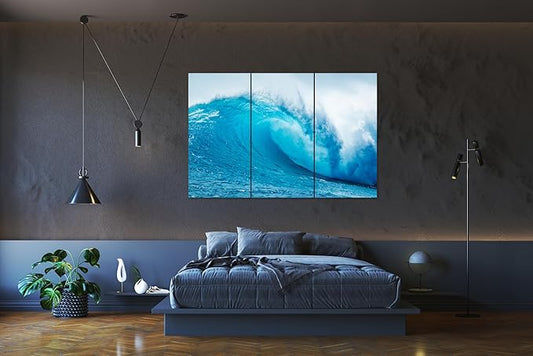 Nature Wall Art Prints - Ocean Forest Mountain Lake Canvas Landscapes - Small to Extra Large Living Room Bedroom Kitchen Bathroom Décor (Blue Ocean Wave, 31L" x 47W" - 3 Panels)