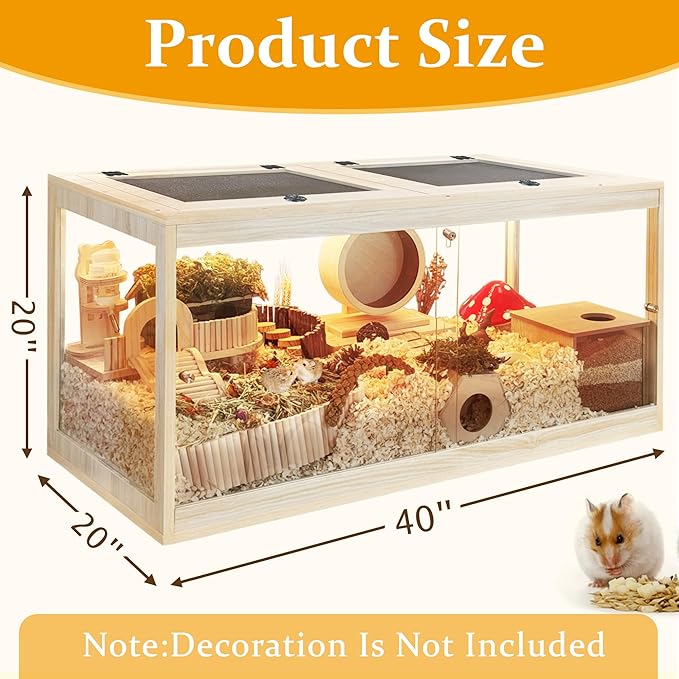 Prolee Hamster Cage with Openable Metal Mesh Top,Hamster Enclosure and Gerbil Cage with Clear Panels for Hamster Habitat,Solid Built with Lock Design (40“x20”x20)