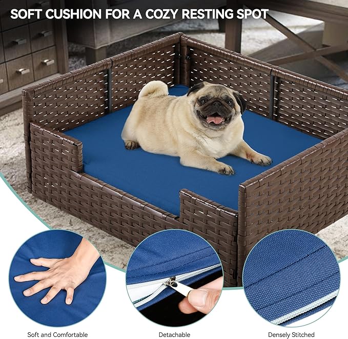 YITAHOME Rattan Dog Sofa Bed with Cushion,Wicker Pet Bed Sofa Couch Indoor Outdoor Water Unaffected for Large Medium Small Dogs Cats (24.8''L*19.7''W*9.8'',Blue)