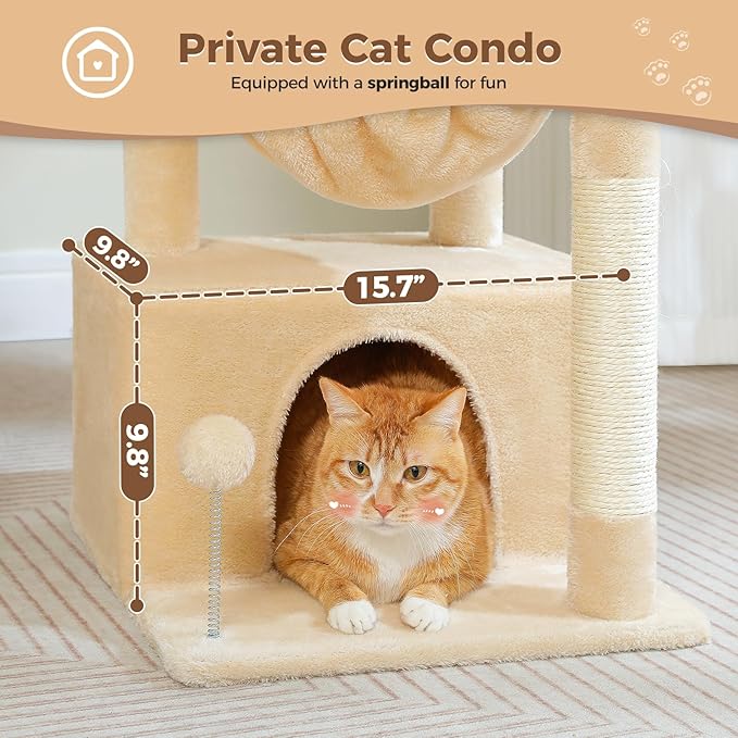 PEQULTI 4-in-1 Cat Tree, 33'' Cat Tower for Indoor Cats with Large Cat Condo, Scratching Post for Cats with Deep Hammock& Cozy Top Perch, Beige