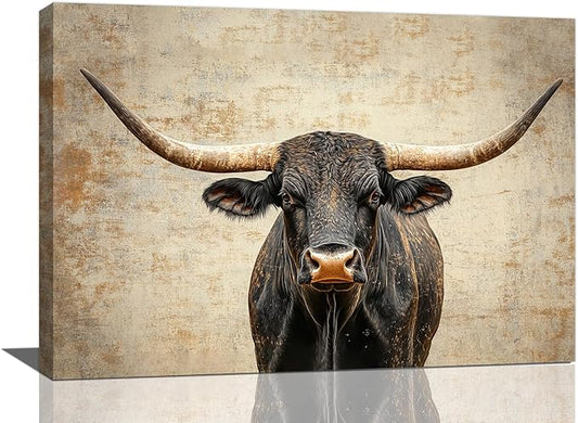 Rustic Highland Cow Pictures Wall Art, Farmhouse Longhorn Bull Bathroom Wall Decor Black Cow Framed Painting Canvas Artwork for Bathroom Bedroom Living Room Decorations 24"L x 16"W