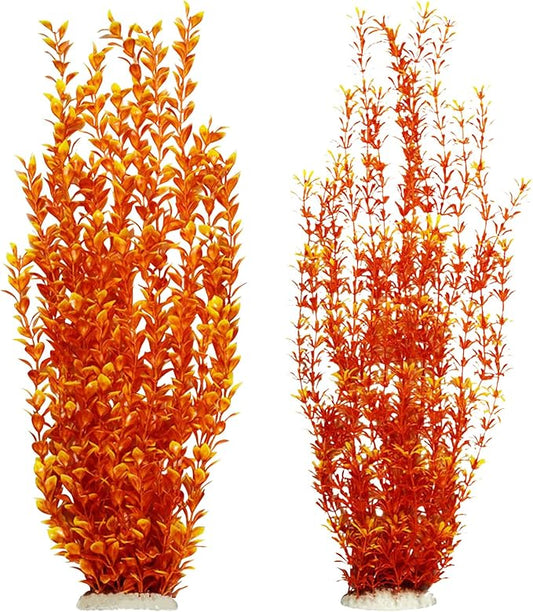 Hamiledyi Aquarium Plastic Plants Aquarium Decor Artificial Fish Tank Plants,Tall Fish Tank Decorations, Extra Large Aquarium Plant 23.6-inch Tall,2PCS（Orange Style A）