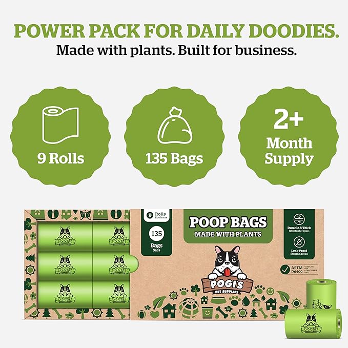 Pogi's Compostable Poop Bags – Leak-Proof, Extra-Large, Made with Plants – 9 Rolls (135 Bags)