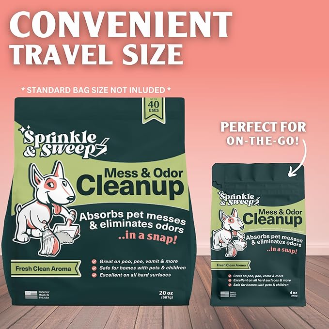 Sprinkle & Sweep Pet Accident Cleanup for all Hard Surface - Non Toxic Quick Pet Mess Cleaner & Odor Remover for Urine, Poop, Vomit, Diarrhea & Potty Training, Travel Pack (4oz)