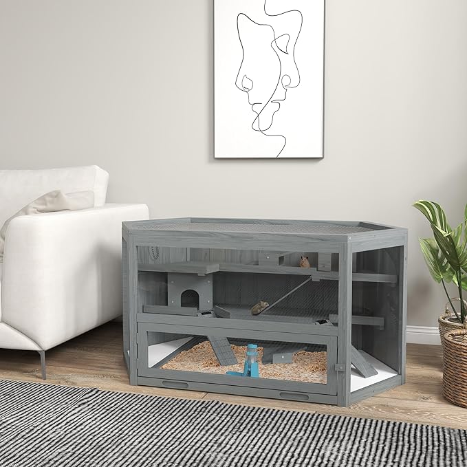 PawHut Wooden Large Hamster Cage, Rat Habitat, 3 Tier Small Animal Exercise Play House with Tray, Water Bottle, Activity Center, Gray